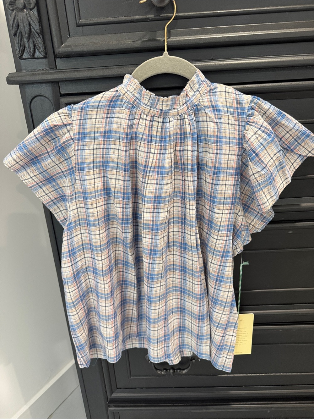 Oversided xs Trovata Light Blue & Pink Plaid Flutter Sleeve Blouse msrp 200-250